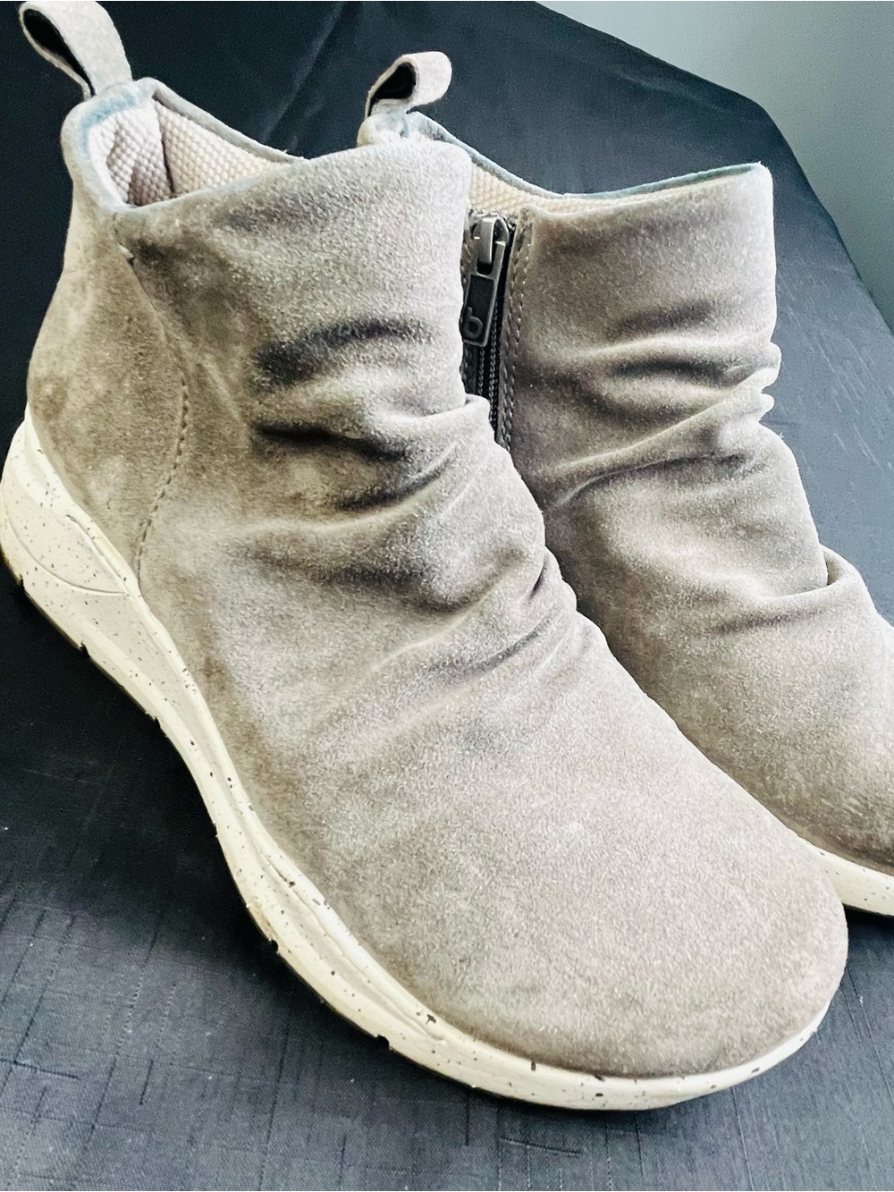 Bionica Light Gray Suede-Look Ruching Ankle Booties